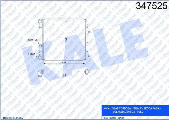 KALE 347525 Motor Su Radyatoru Seat Cordoba / Ibiza Iv-V - Skoda Fabia - Volkswagen Fox / Polo 1.2-1.4-1.6 Azq (Mt) (22mm) (Al/Pl/Brz)